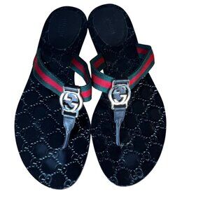 Gucci Interlocking GG Monogram Web Stripe Thong Sandals Black EU 40 US 10